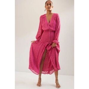 ANTHROPOLOGIE Romantic Boho Smocked-Waist Midi Dress with Flowy Sleeves | Pink